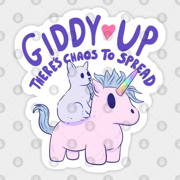 Cute Cat Riding Unicorn - Giddy Up, There’s Chaos to Spread Sticker by Jess Adams